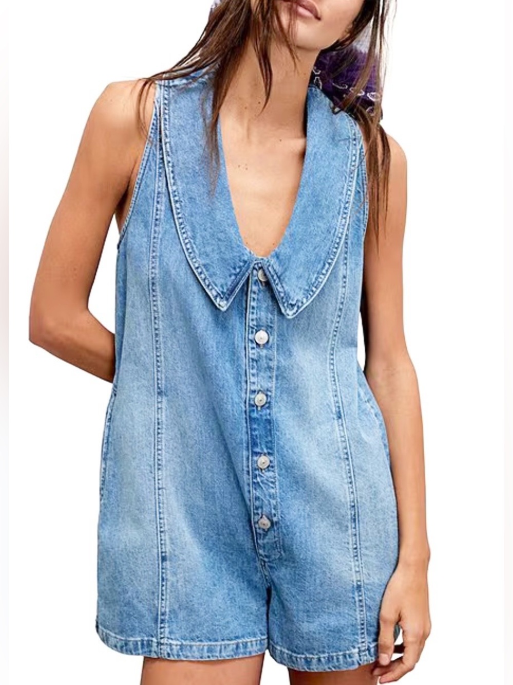 NWT FREE PEOPLE WE THE FREE DOVER PLAYSUIT COLLARED SLEEVELESS DENIM ROMPER - Picture 3 of 4